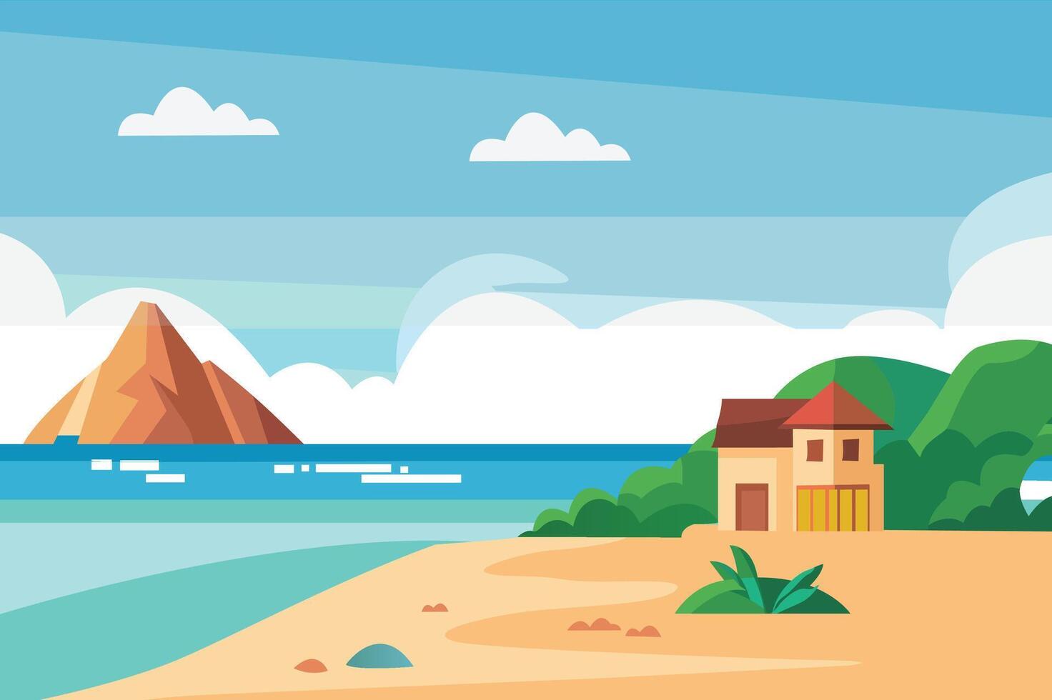 Tropical beach with house and mountain in background vector