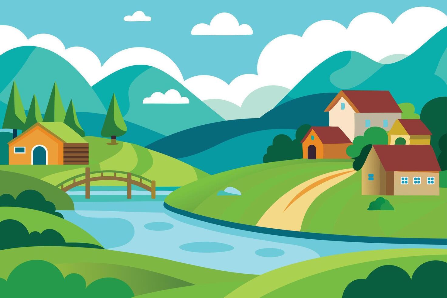 A cartoon illustration of a village and river vector