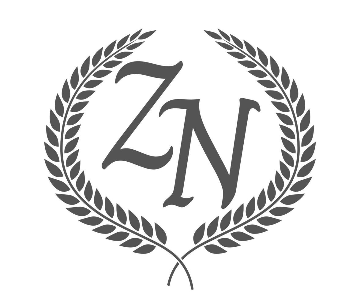 Initial letter Z and N, ZN monogram logo design with laurel wreath. Luxury calligraphy font. vector