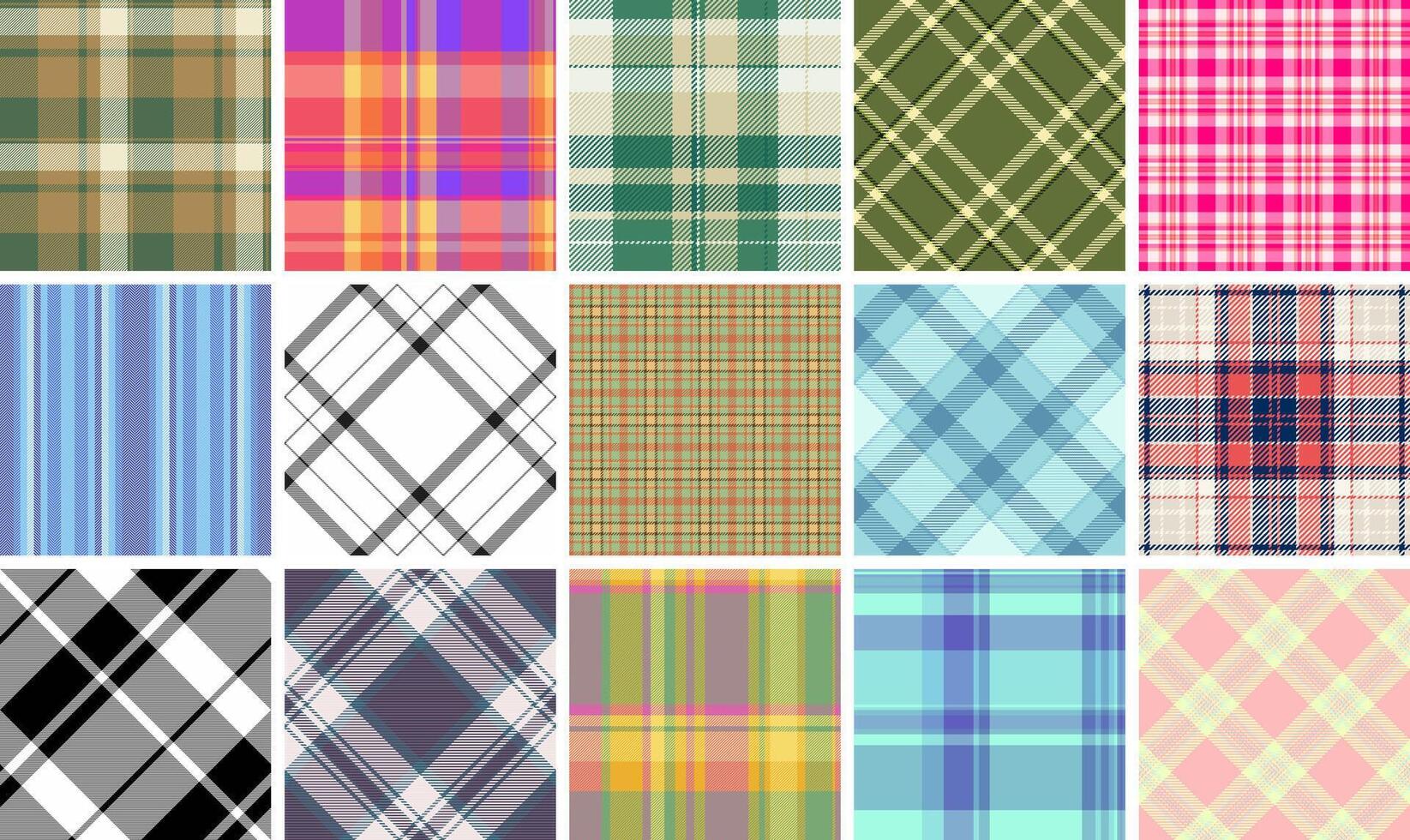 Classic plaid fabric patterns with stripes and checks, perfect for textile prints, clothing materials, or stylish decor. vector