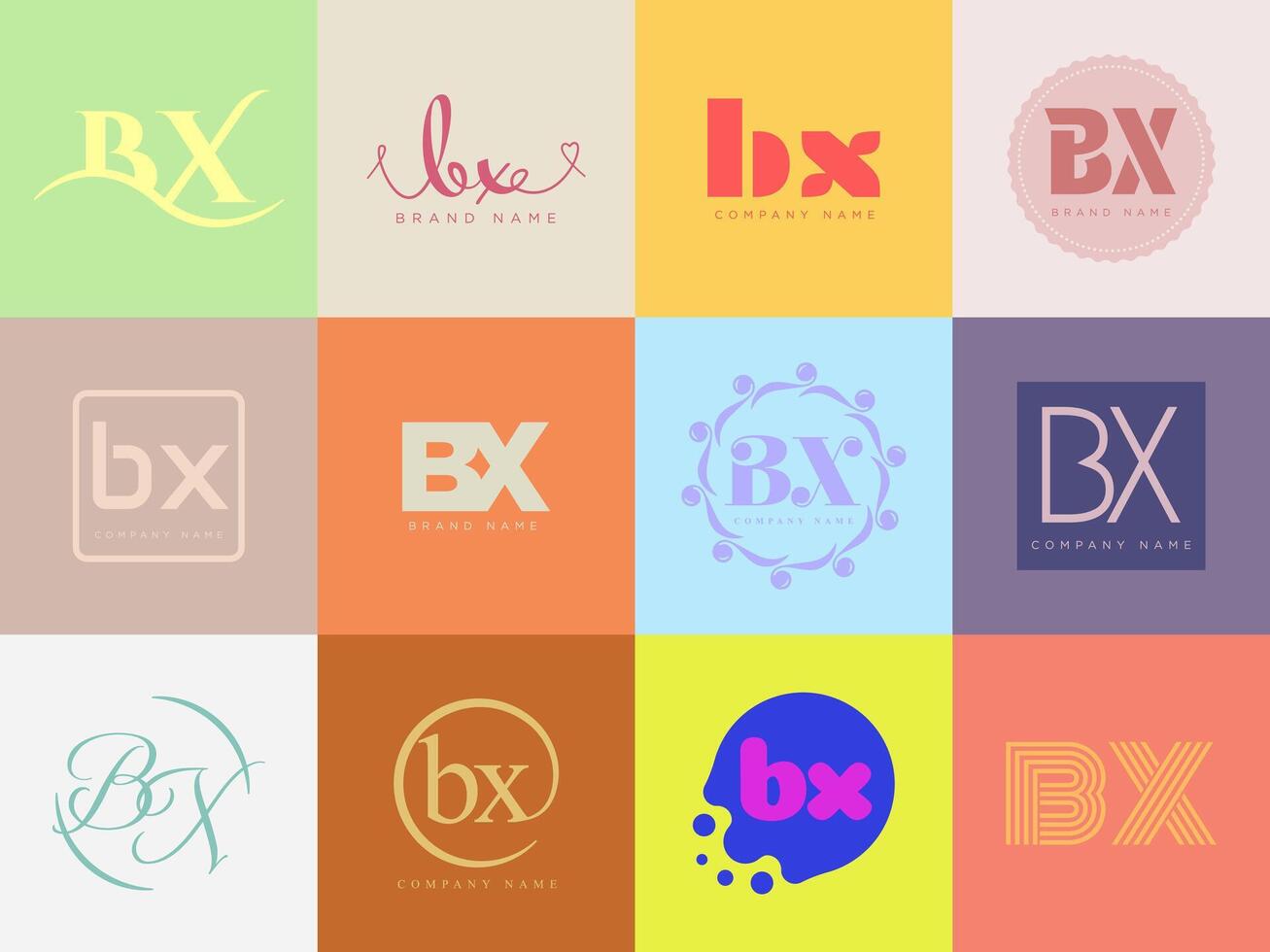BX logo company template. Letter b and x logotype. Set different classic serif lettering and modern bold text with design elements. Initial font typography. vector