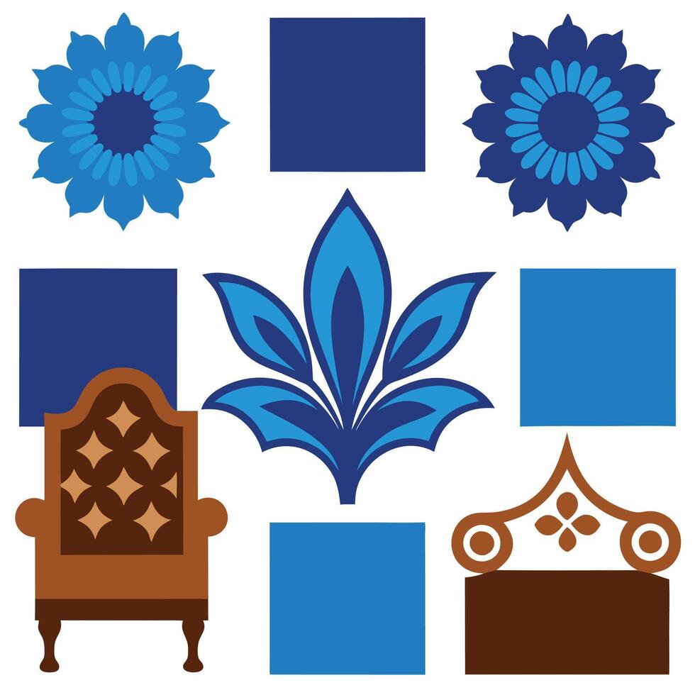 A blue and brown floral design with a chair and a flower vector
