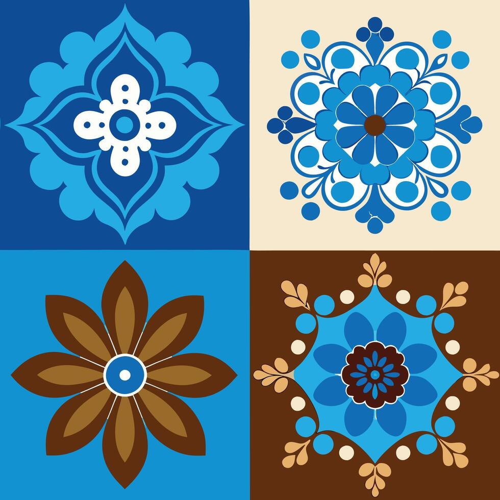 Four different designs of flowers in blue, brown and white vector