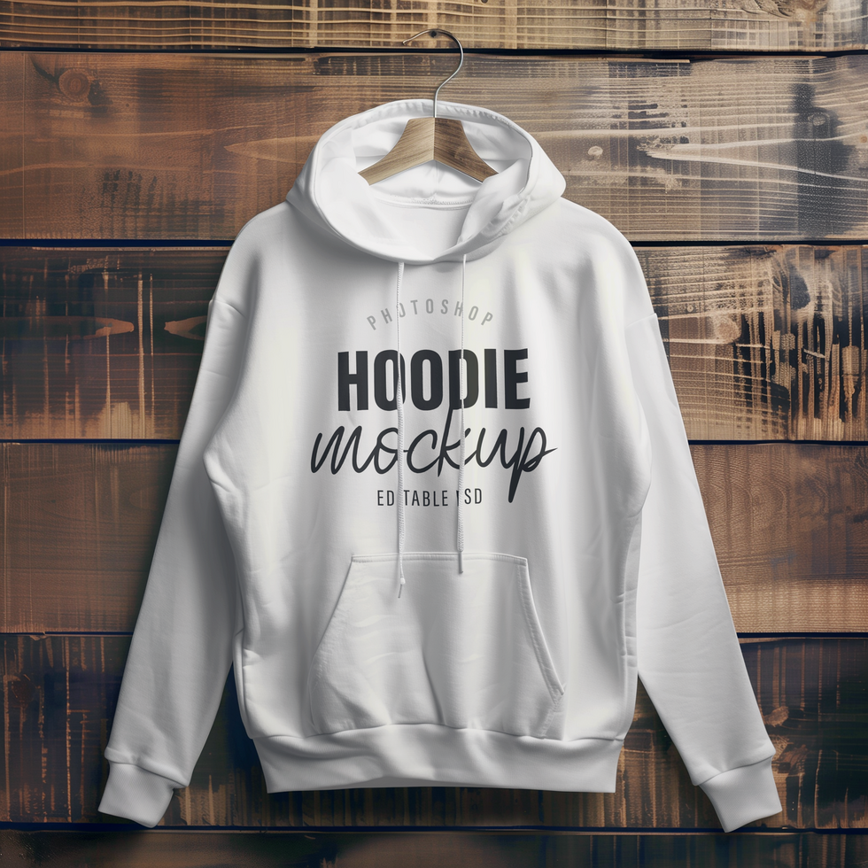White Hoodie Mockup Display on Wooden Backdrop psd