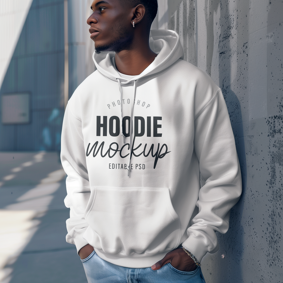 Solid Color Hoodie Mockup Featuring African Man in Outdoor Vintage Style psd