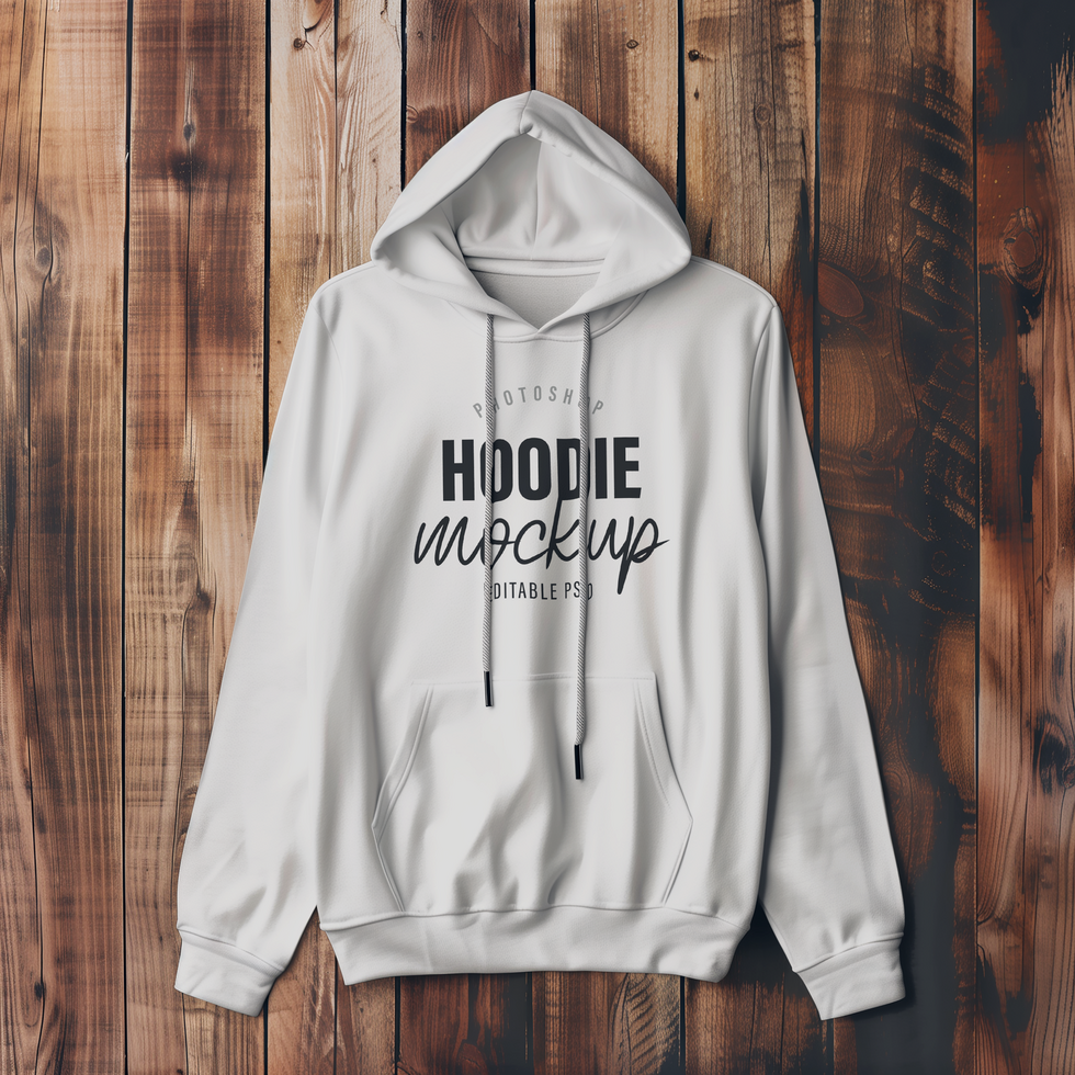 Hoodie Mockup Against Rustic Wooden Surface psd