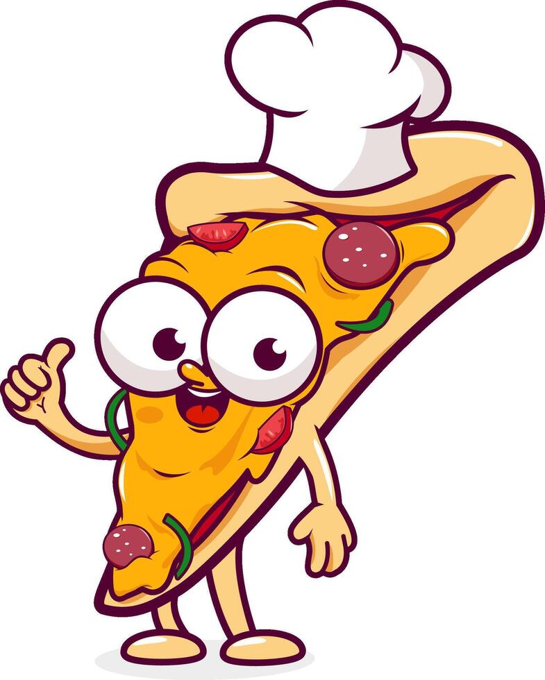 Pizza slice character with a chef hat. Pizza delivery funny cartoon. Pepperoni and cheese slice of pizza. Fast food mascot for pizzeria. vector