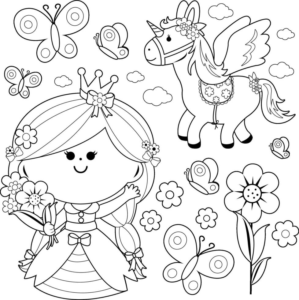 Pretty princess riding a horse set with a magic castle and a unicorn. Children fairytale cute princess set with unicorn and palace. Black and white coloring page. vector