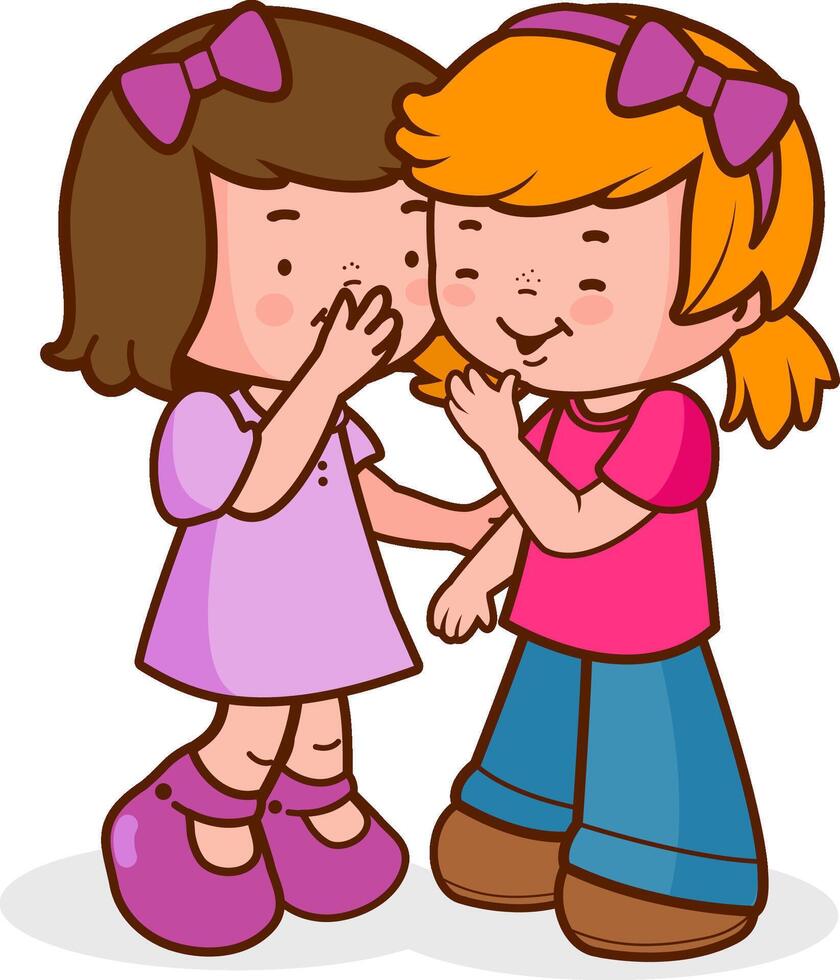 Two little school girls share secrets, whispering, talking and laughing. Children friends talk, whisper, gossip and laugh. vector