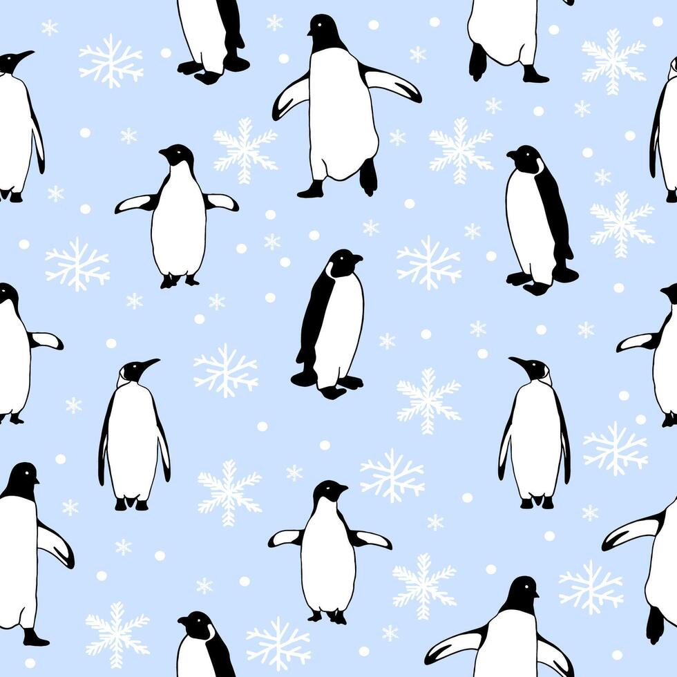 seamless pattern hand drawn cute penguin on light blue background vector