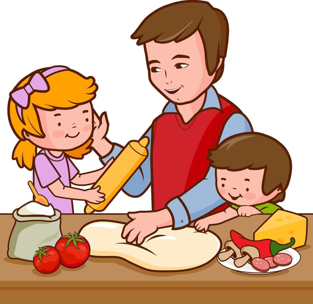 Family cooking at home with parent and kids. Father and children making a pizza in the kitchen and have fun. Pizza with tomato, pepperoni, cheese, mushrooms and peppers. vector