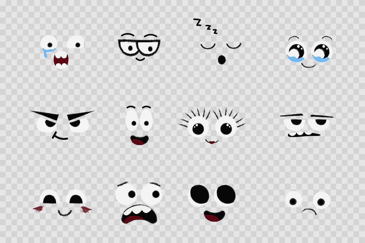 Face emotions, comic expressions, cute crazy eyes collection isolated. Doodle smiley mood comic design elements. Emotional comic face with eyes, mouths, tongue and teeth. vector