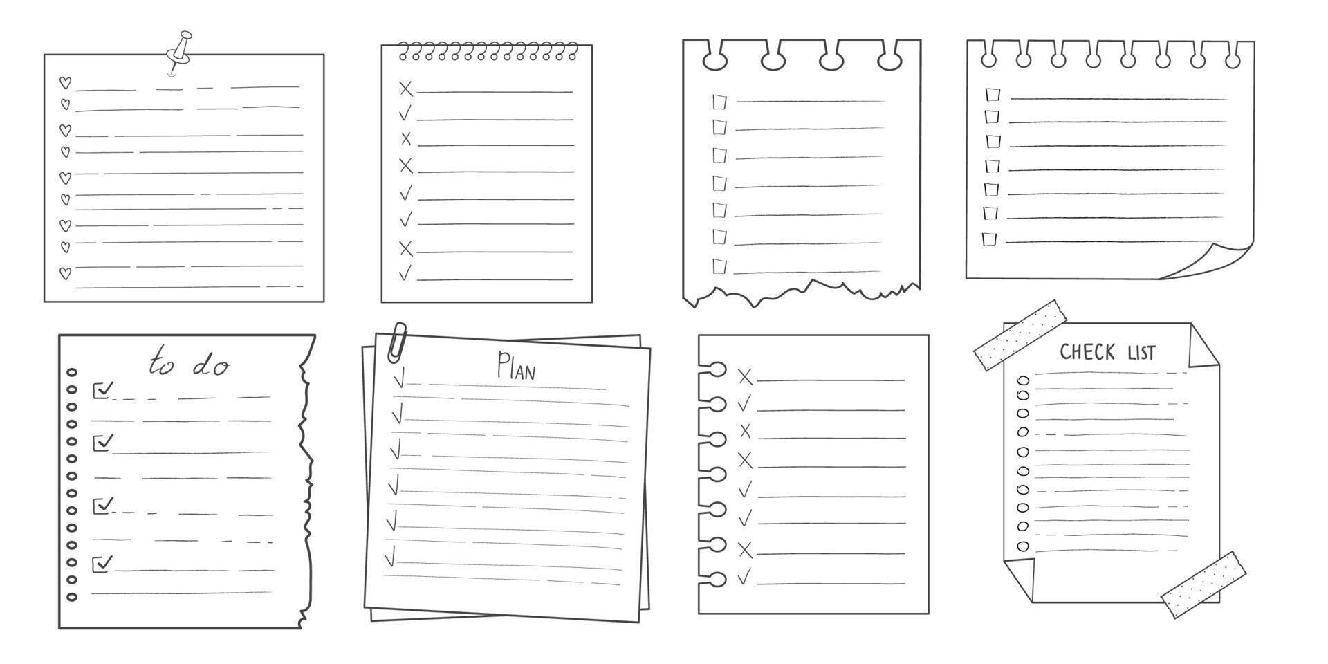 Set To do check list page doodle blank. Reminder, memo note hand drawn isolated on white. Pencil planner, notepad, sheet. vector