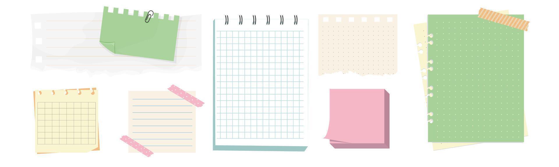 Memo notes, paper for note with clip, postit. Planner notebook page. Idea list. Post note sticker. Quote frame, reminder. vector