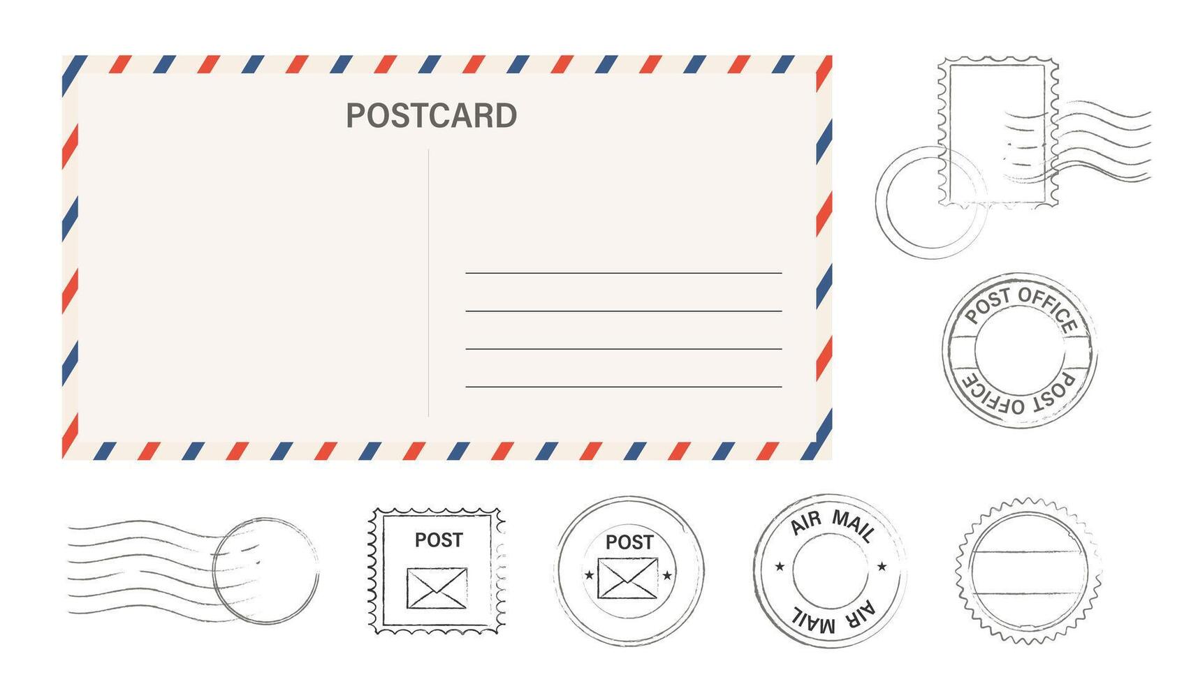 Airmail blank postcard template retro border envelope with stripes stamps set. Paper texture, vintage mail. Air post letter. Blank envelope vector