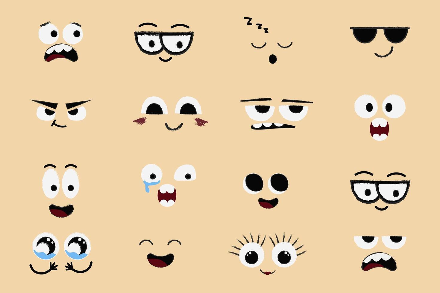 Face emotions, comic expressions, cute crazy eyes collection isolated. Doodle smiley mood comic design elements. Emotional comic face with eyes, mouths, tongue and teeth. vector
