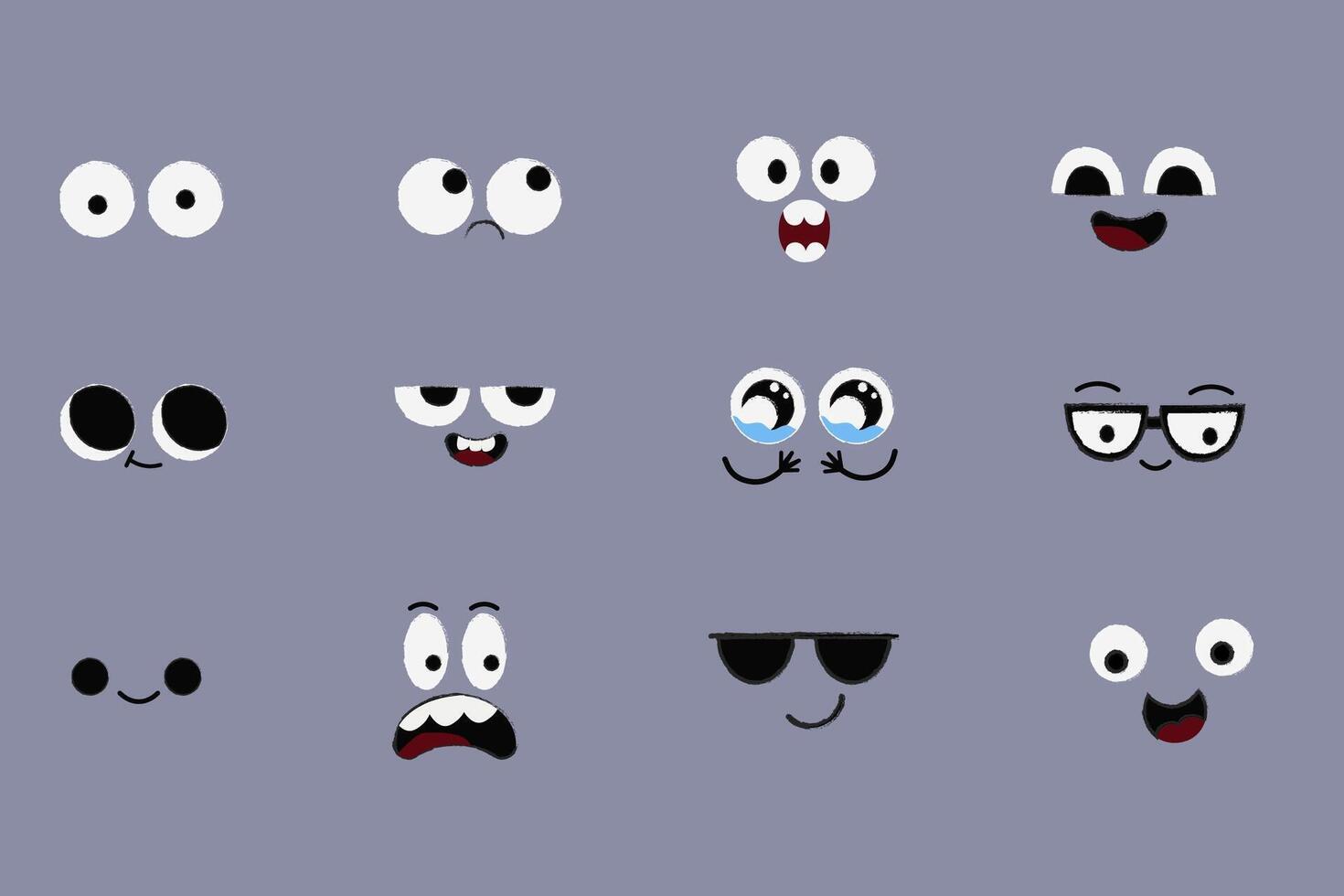 Face emotions, comic expressions, cute crazy eyes collection isolated. Doodle smiley mood comic design elements. Emotional comic face with eyes, mouths, tongue and teeth. vector