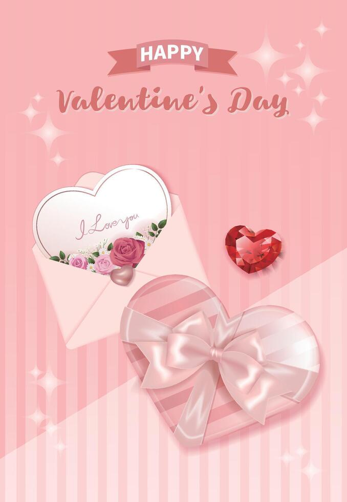 Open envelope with roses and red heart jewelry on pink background, suitable for Valentine's Day vector