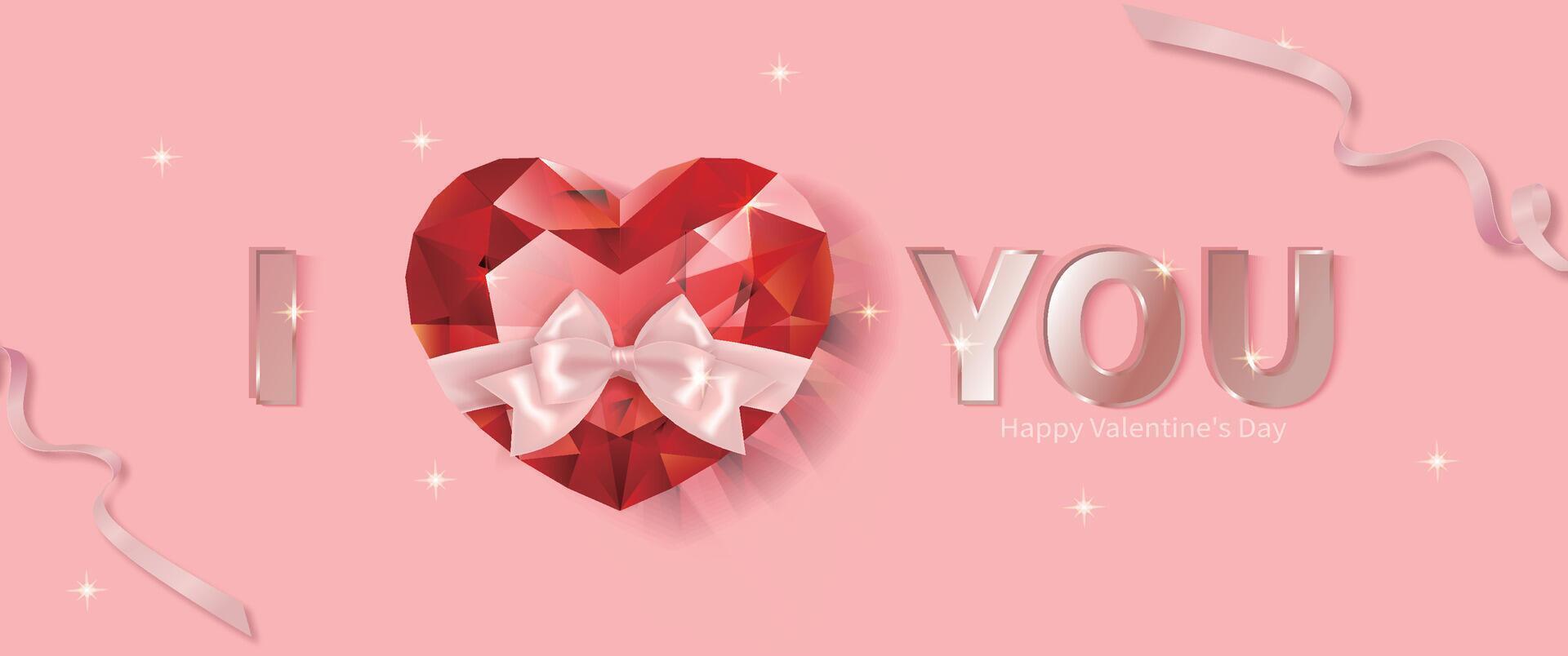 Pink Valentine's Day banner with red heart jewels and bow forming I LOVE YOU vector