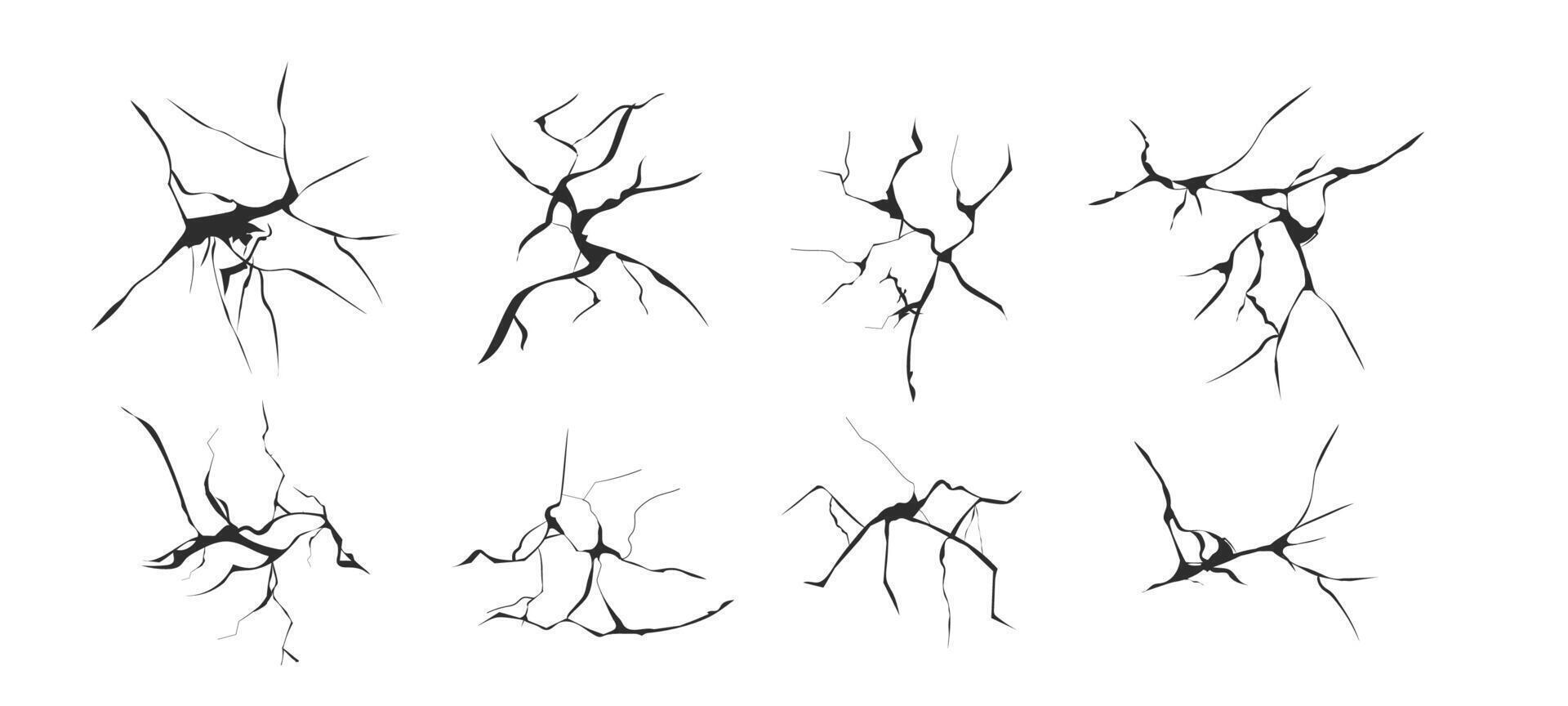 Cracked glass, wall, egg, fissures in ground top view. Set concrete, crevices from disaster, surface from earthquake, Ruined breaked land surface doodle, hand drawn vector