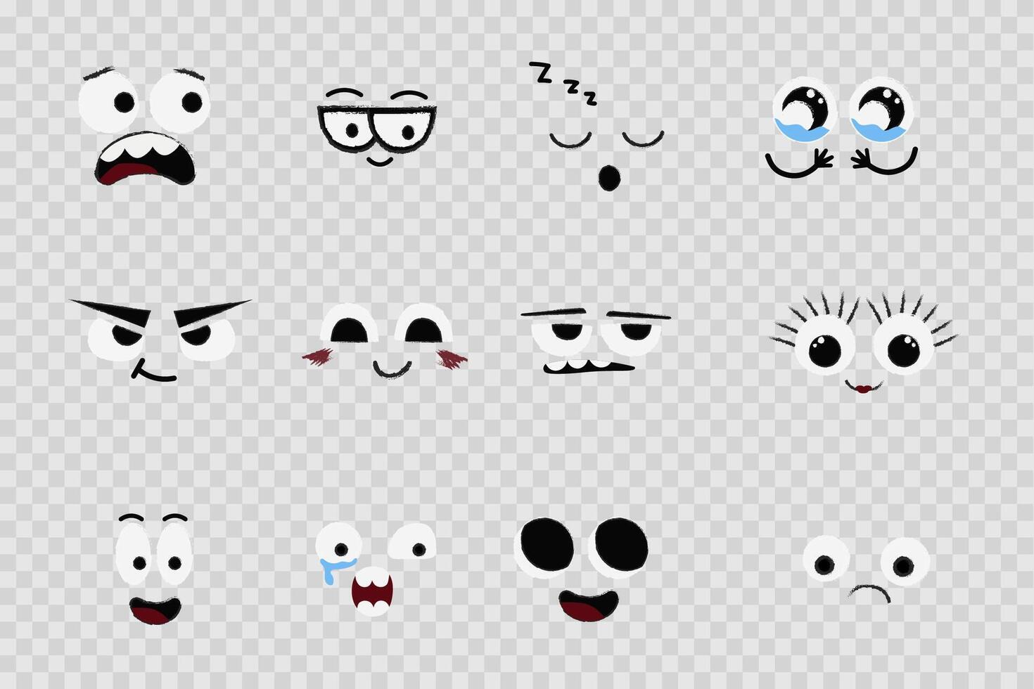 Face emotions, comic expressions, cute crazy eyes collection isolated. Doodle smiley mood comic design elements. Emotional comic face with eyes, mouths, tongue and teeth. vector