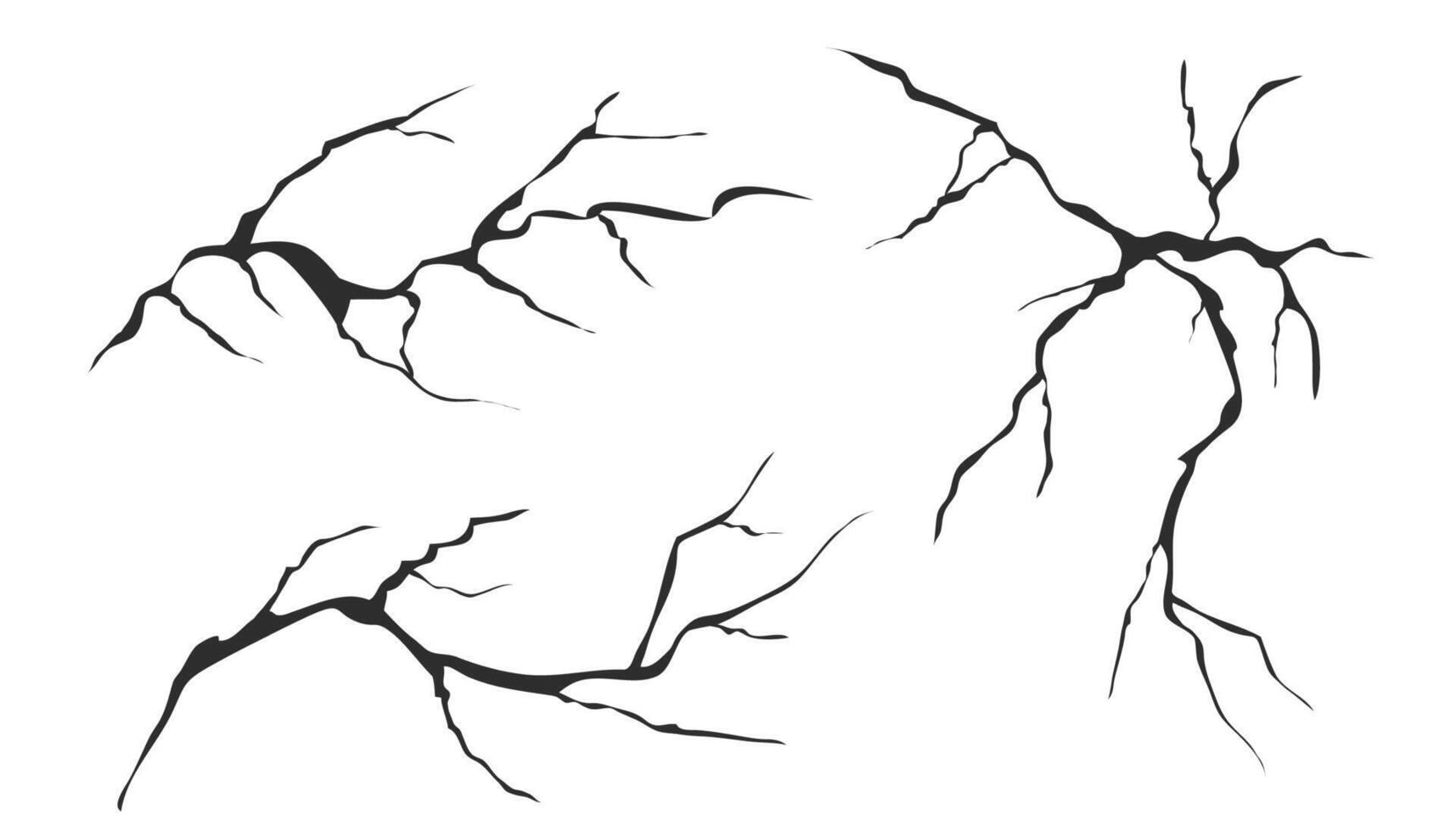 Cracked glass, wall, egg, fissures in ground top view. Set concrete, crevices from disaster, surface from earthquake, Ruined breaked land surface doodle, hand drawn vector