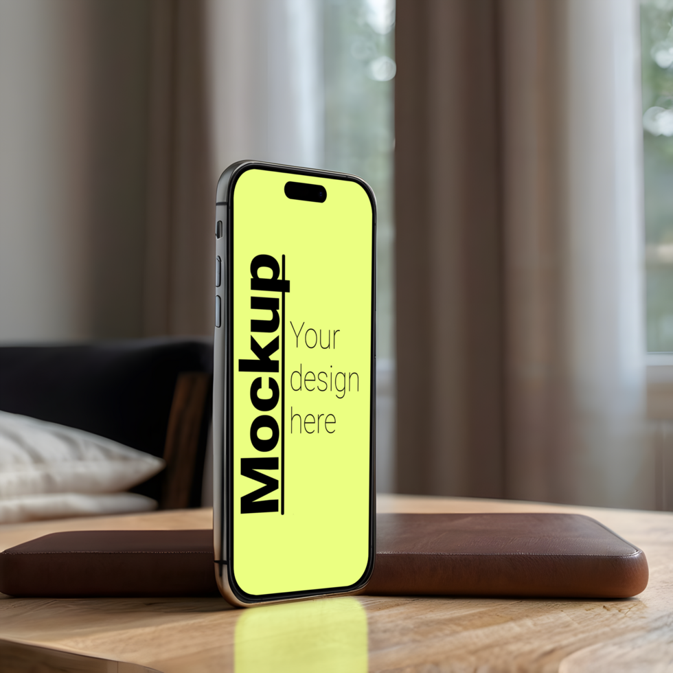 Mockup of a phone on a wooden table near a window psd