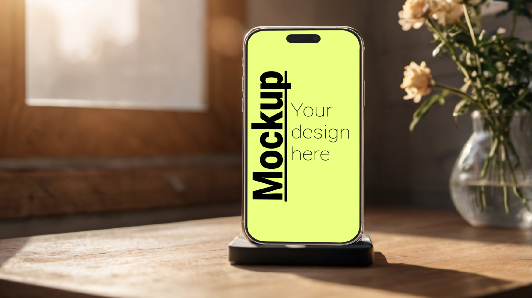 Phone mockup on the background of a window next to flowers psd