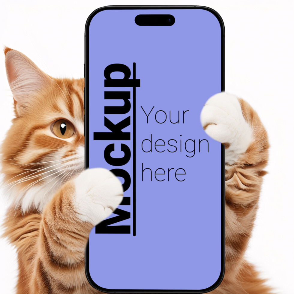 A mockup of a phone in the cat's paws of a ginger cat psd