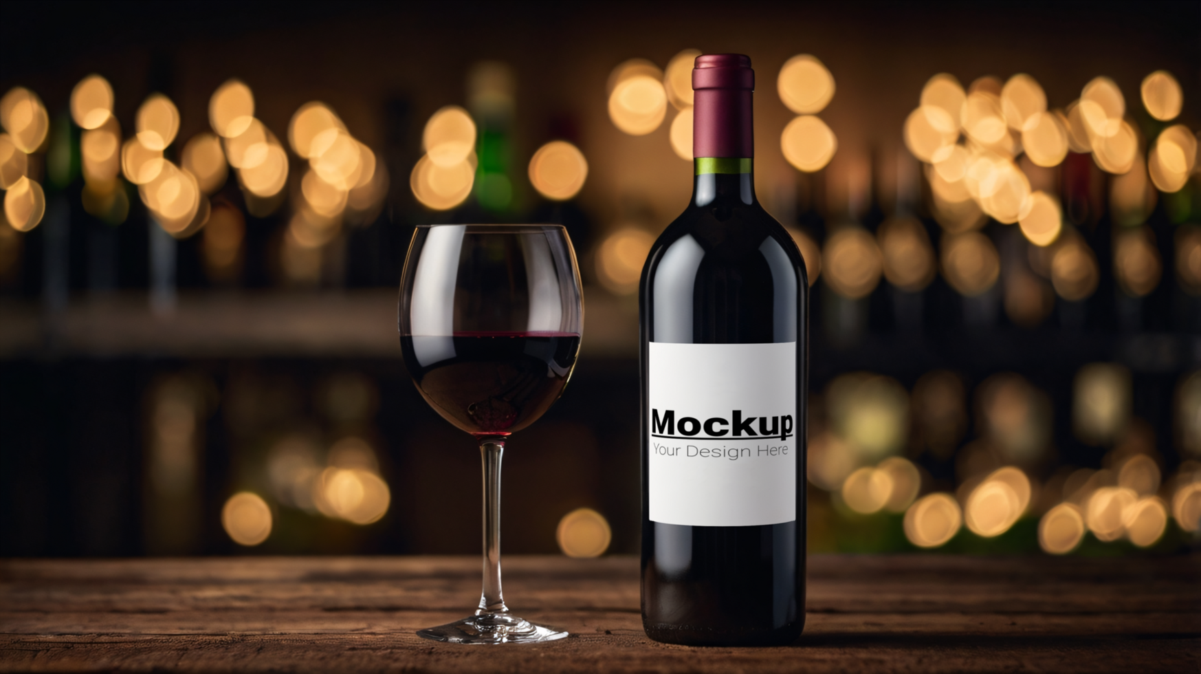 A bottle of wine and a glass of red wine on a wooden table psd