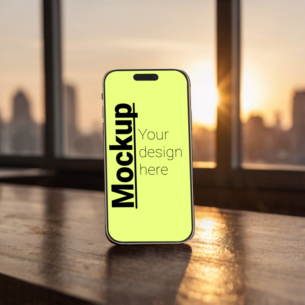 Layout of a phone in isometry on a wooden table with a sunset in the window as a backdrop psd