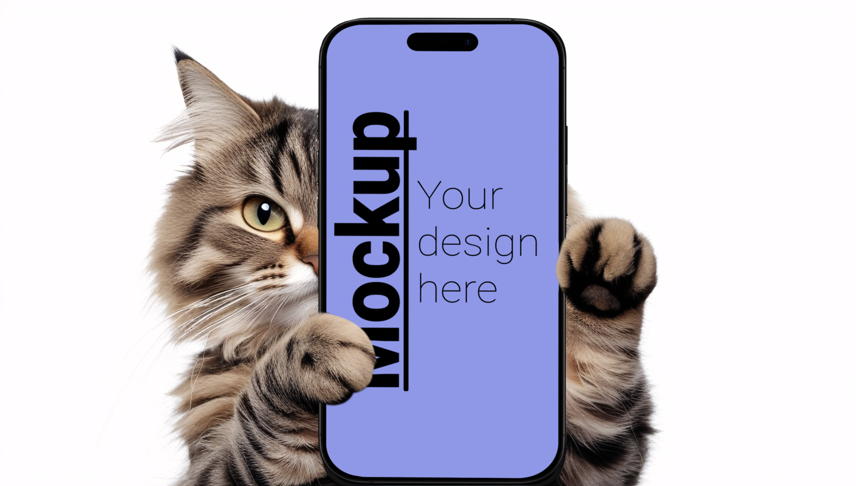 A mockup of a phone in the paws of a gray striped cat psd