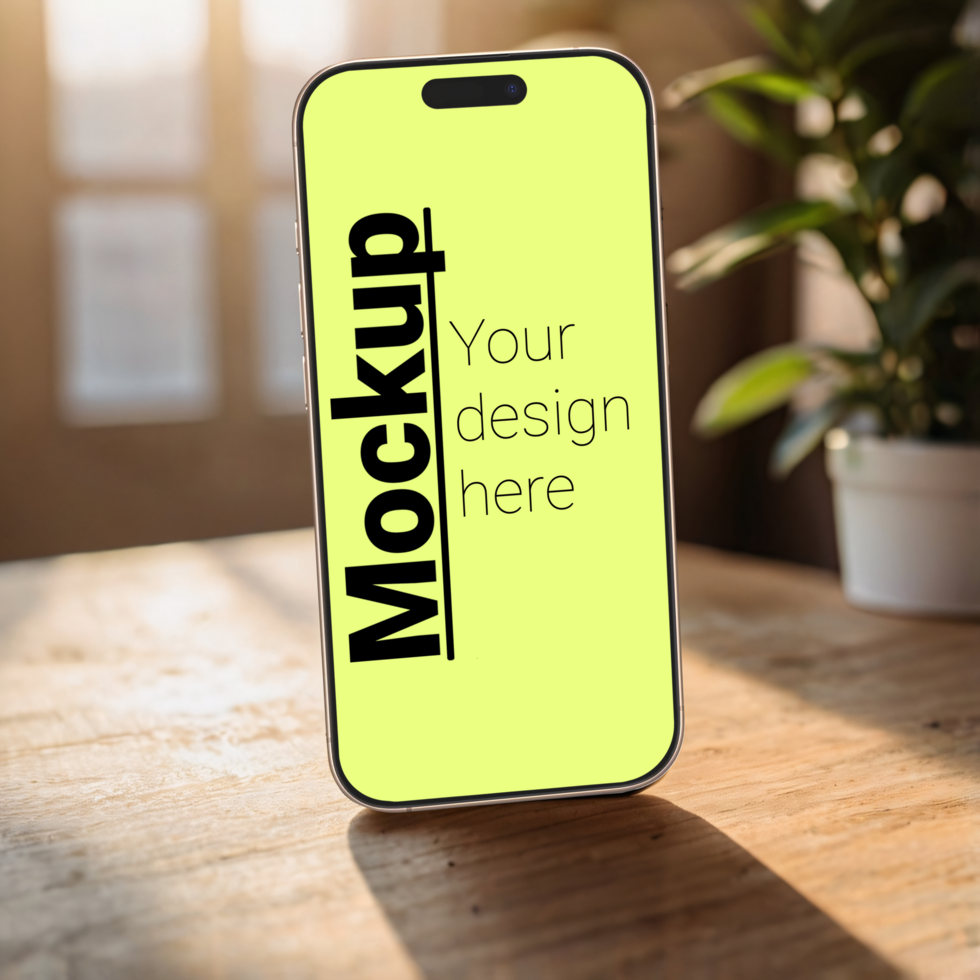 Phone layout in isometry on a wood table with a sunset in the window as a backdrop psd