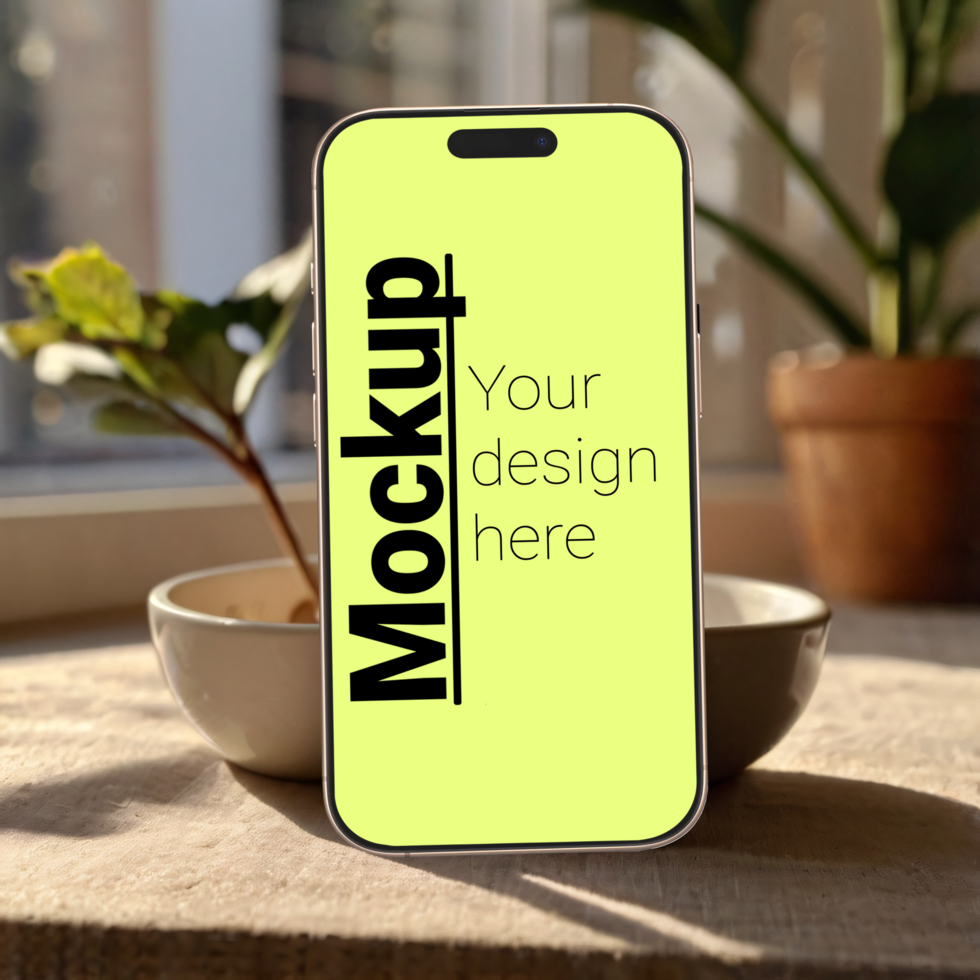 Layout of the phone in isometry on a wooden table next to a plant on the background of the window psd