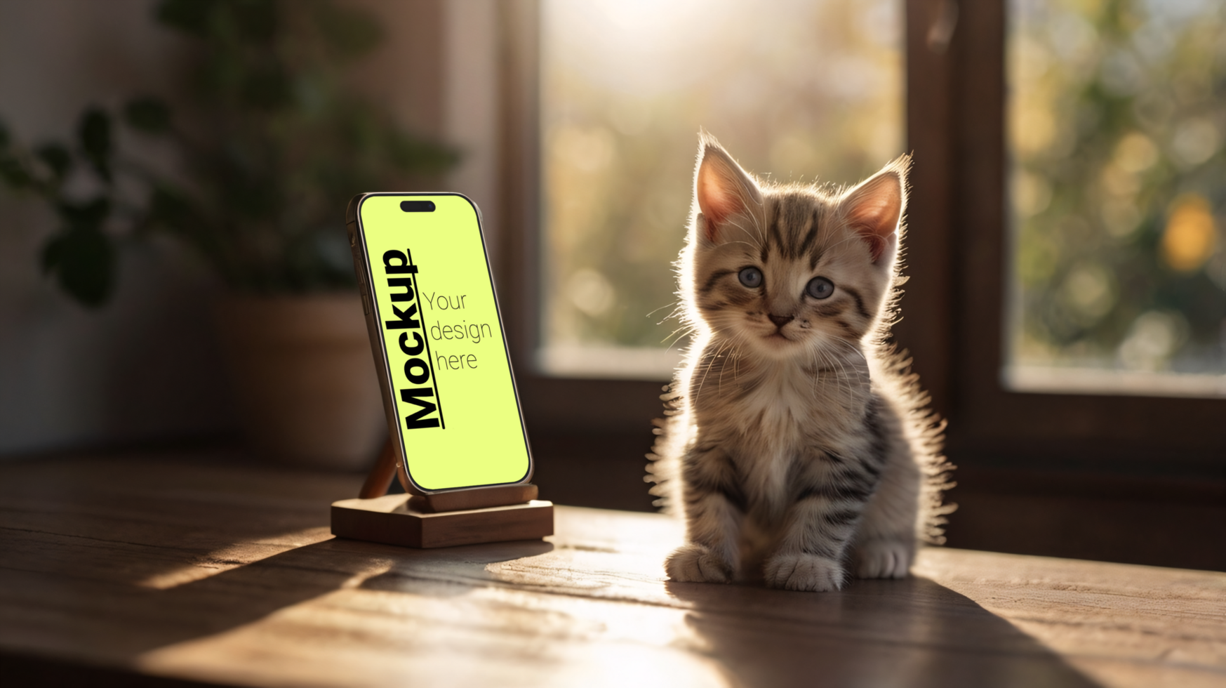 Mockup of a phone next to a cute kitten on a wooden table psd