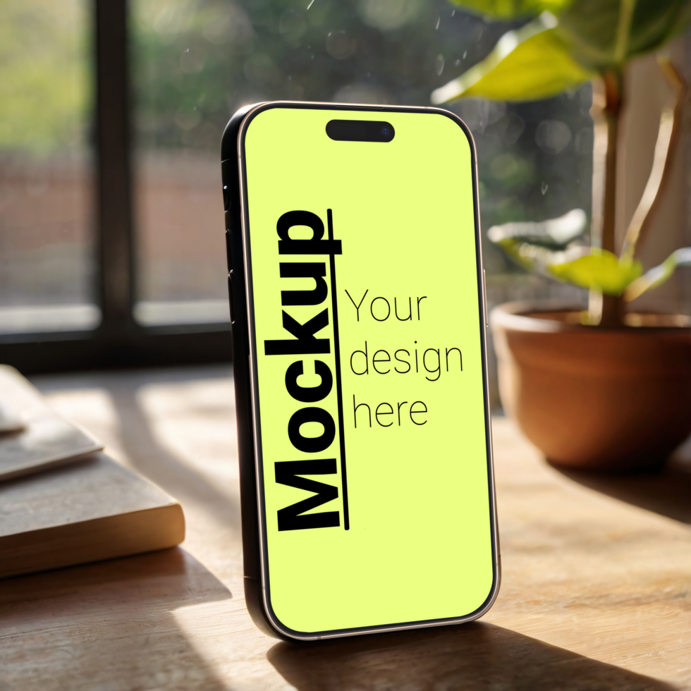 Layout of the phone in isometry on a wooden table next to a book against the background of a sunset in the window psd