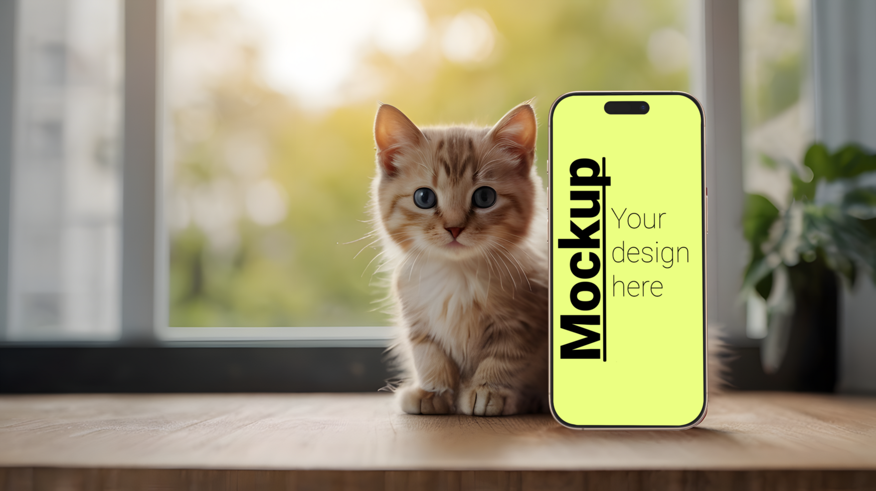 Mockup of a phone near a kitten psd
