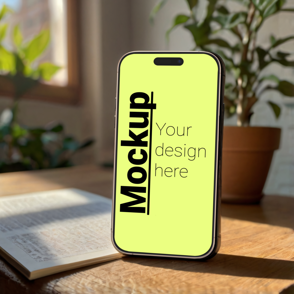 Smartphone mockup on a wooden table psd