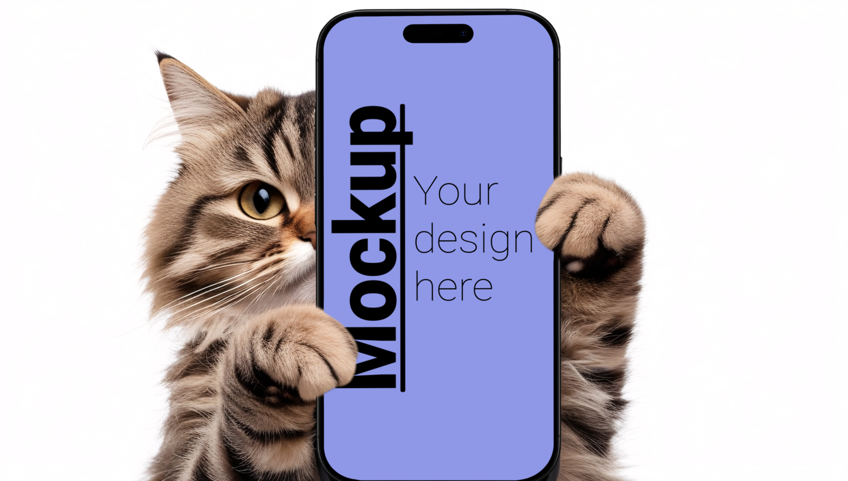 A mockup of a phone in the paws of a gray striped cat psd