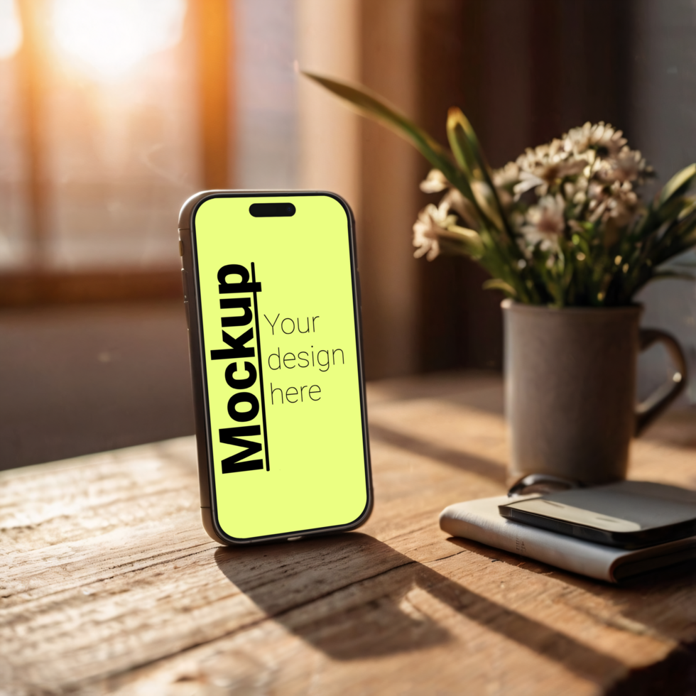 Phone layout in isometrics on a wooden table with a sunset in the window as a backdrop psd