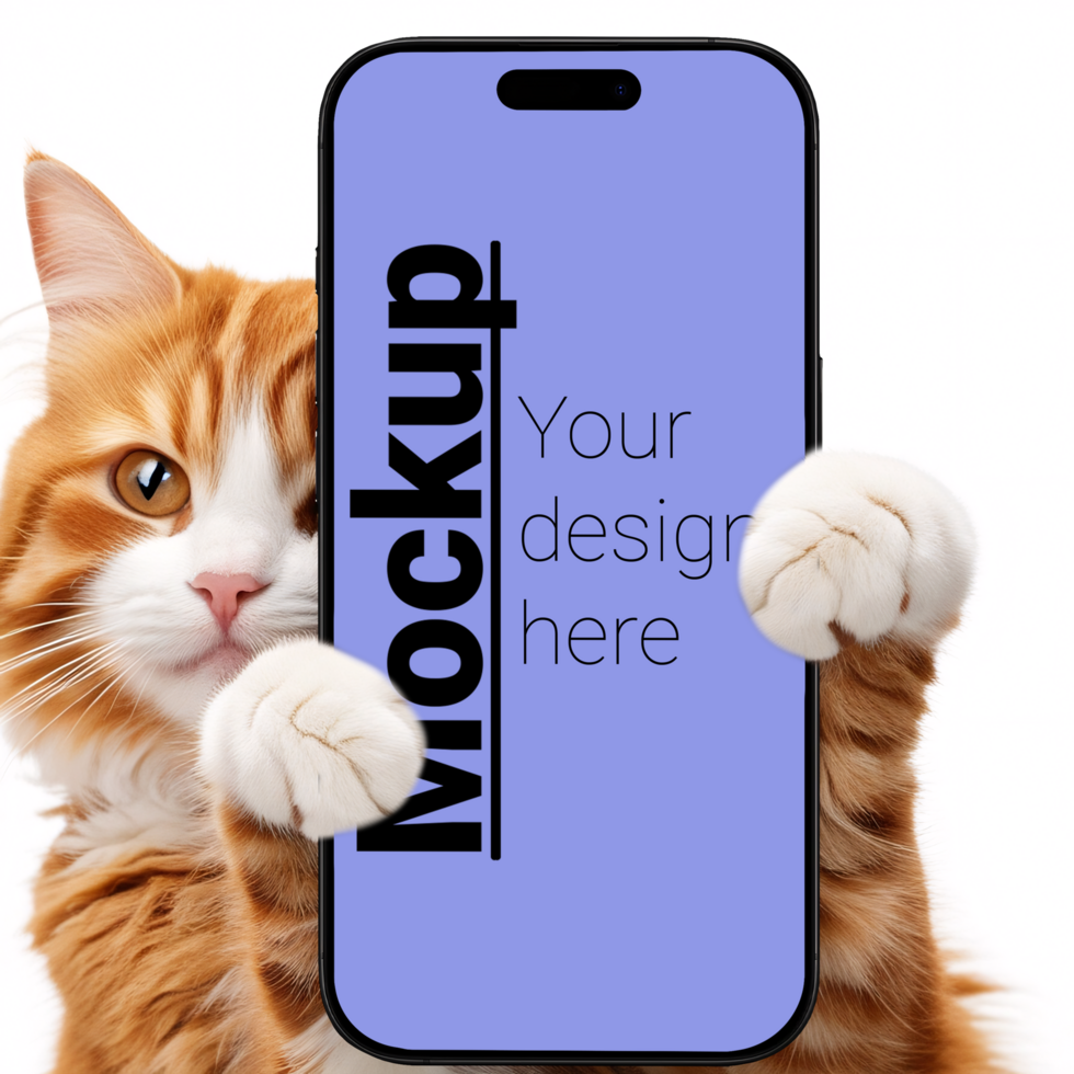 A mockup of a phone in the cat's paws of a ginger cat psd
