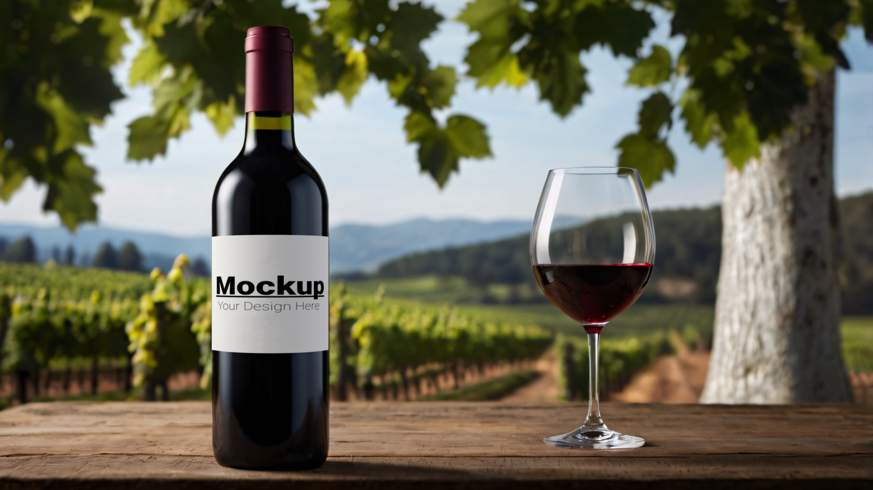 Wine bottle and glass mockup on a wooden table psd