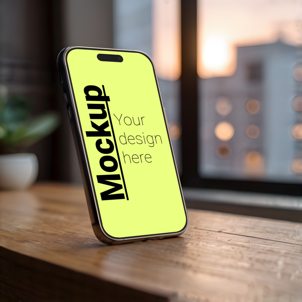 Phone layout in isometry on a wooden table with a sunset in the window as a backdrop psd