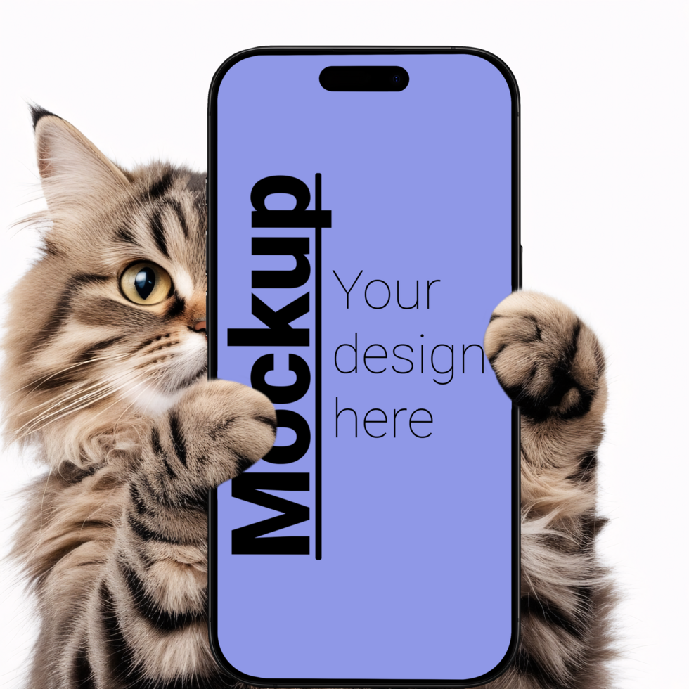 A mockup of a phone in the paws of a gray striped cat psd