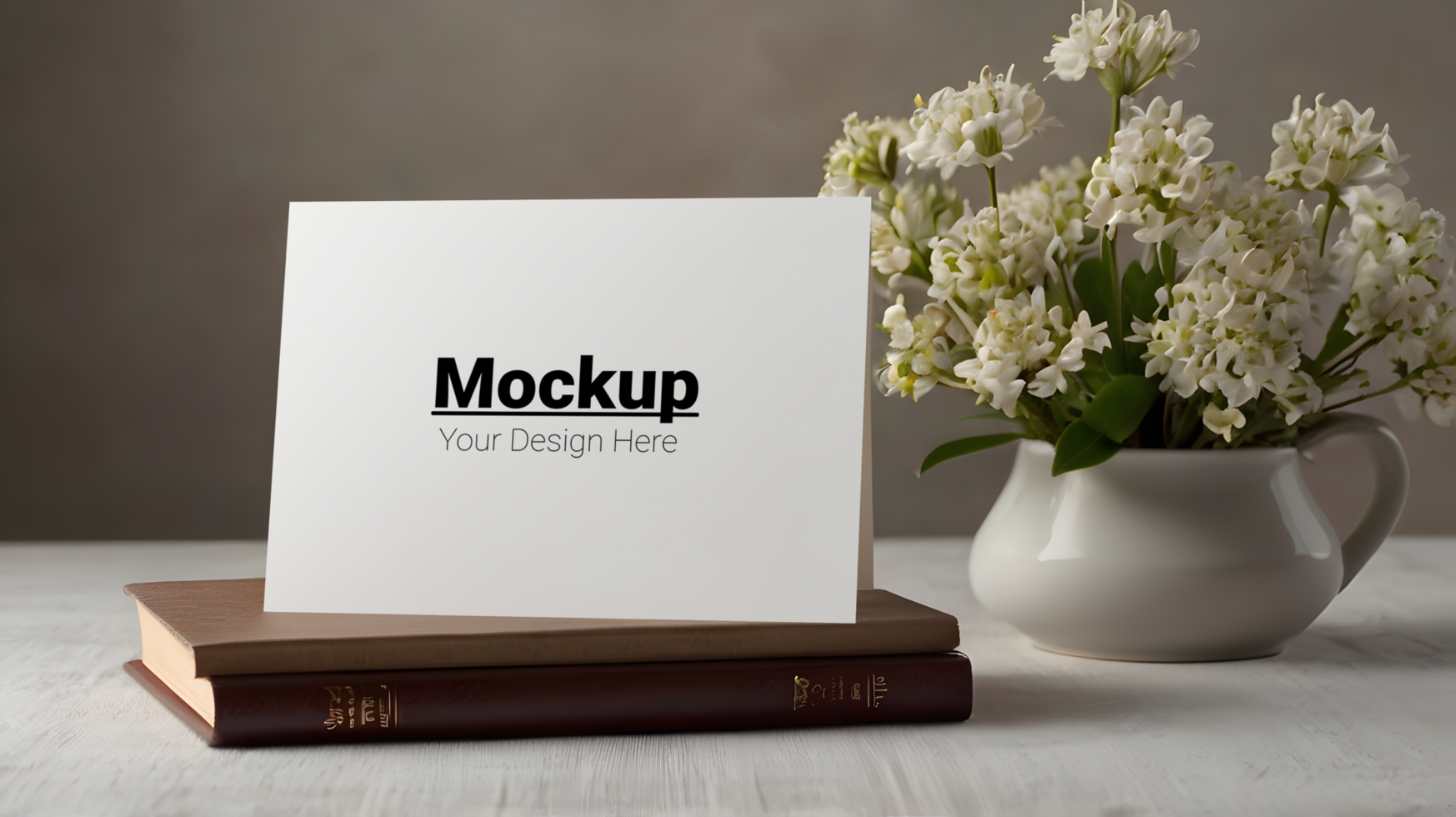 Greeting card mockup on wooden table psd