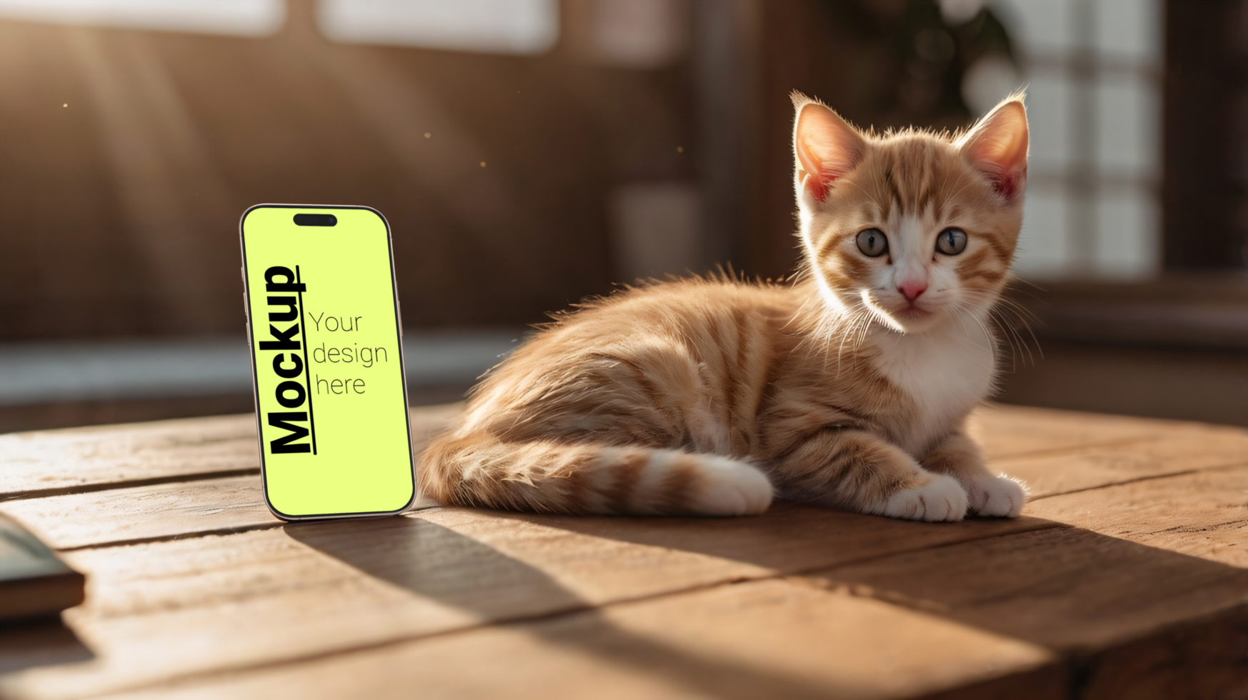A mockup of a phone next to a ginger kitten psd