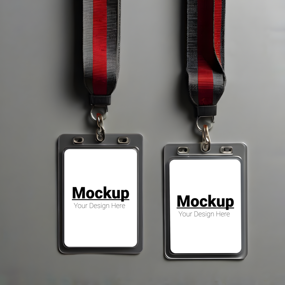 Two id badges with a red and black ribbon psd