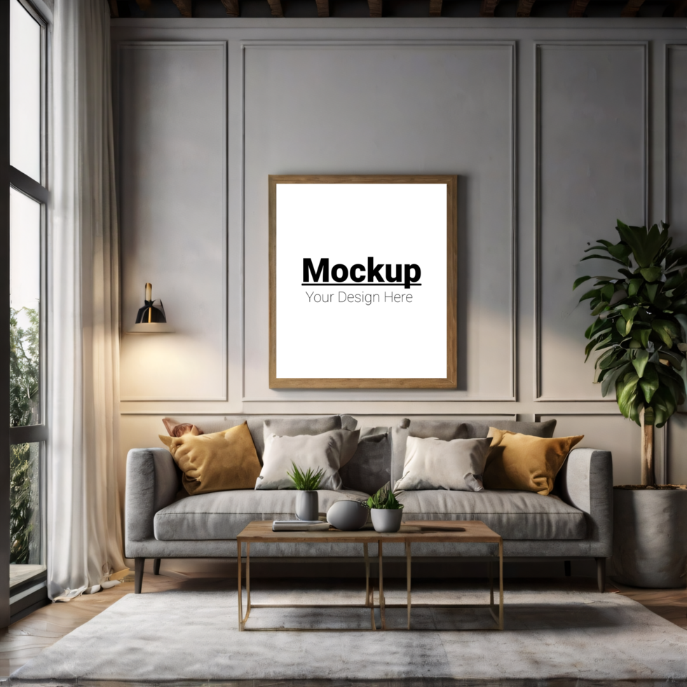 Mockup of a living room with a sofa and a framed poster psd