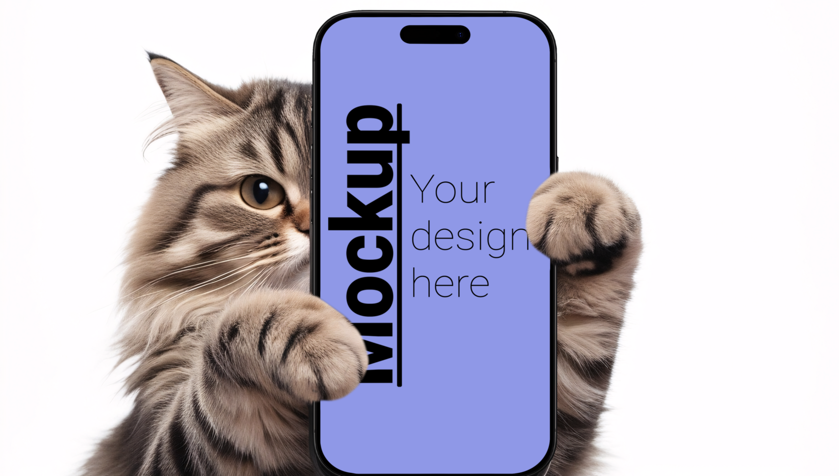 A mockup of a phone in the paws of a gray striped cat psd