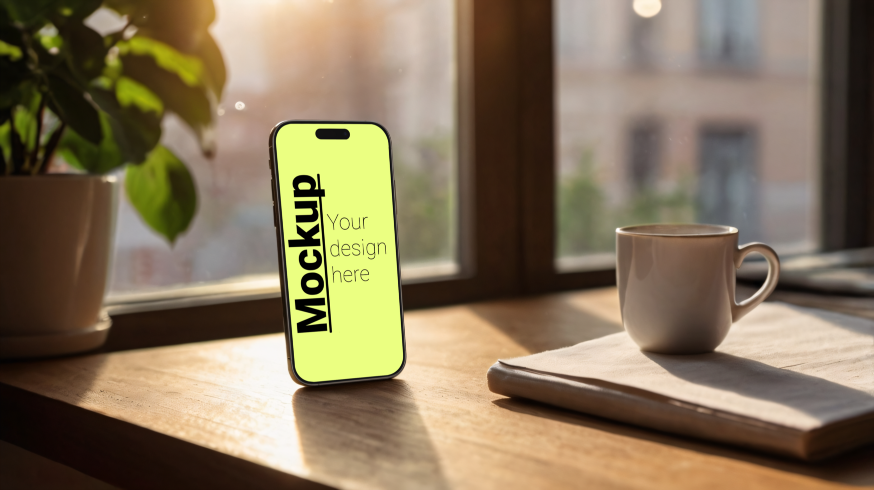 Mockup of a smartphone on a desk with a cup of coffee psd